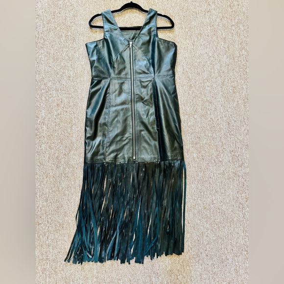 Women Handmade Slimfit Stylish Fringe Black Leather Dress - Picture 3 of 4